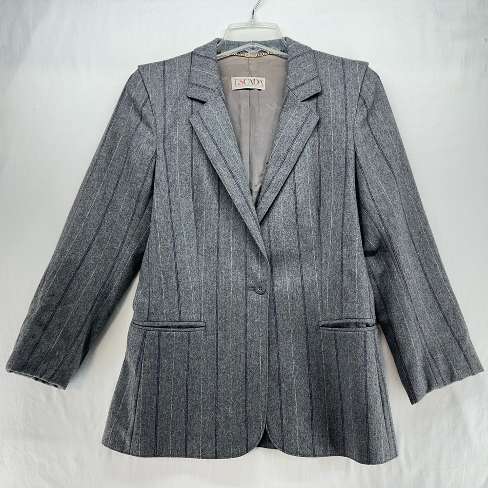 ESCADA Womens Vintage Blazer‎ Wool Gray Purple Striped Blazer Size 36 Damaged